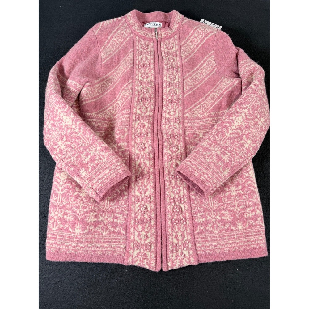 Pendleton Pink Lambswool Nordic Fair Isle Full Zip Cardigan Jacket L TC286-62106
